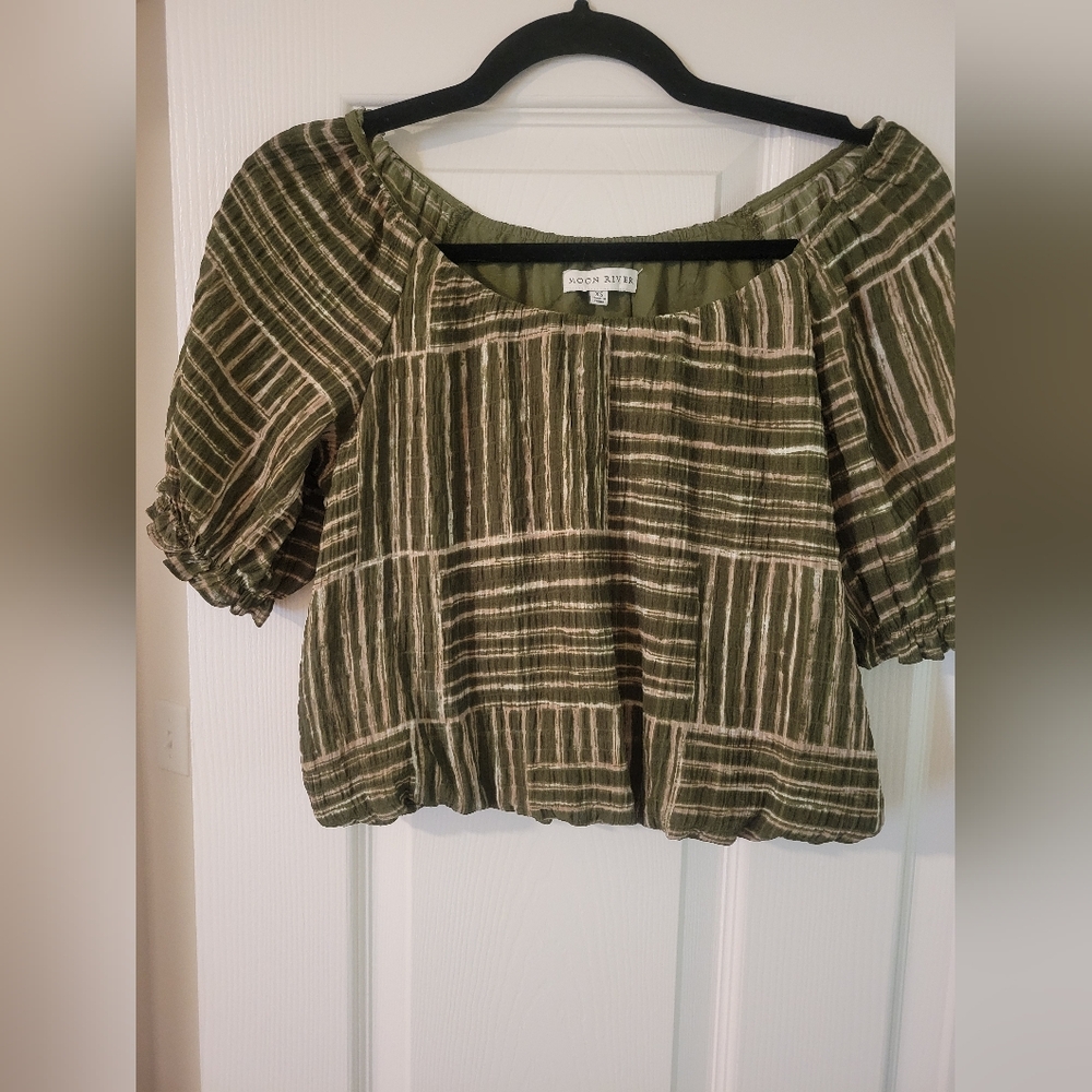 Moon River Green and Beige Checkered Blouse